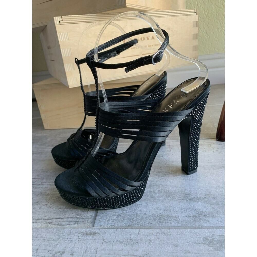 RALPH LAUREN Fiona High Heels Black Rhinestone Strappy Embellished Designer 8.5
